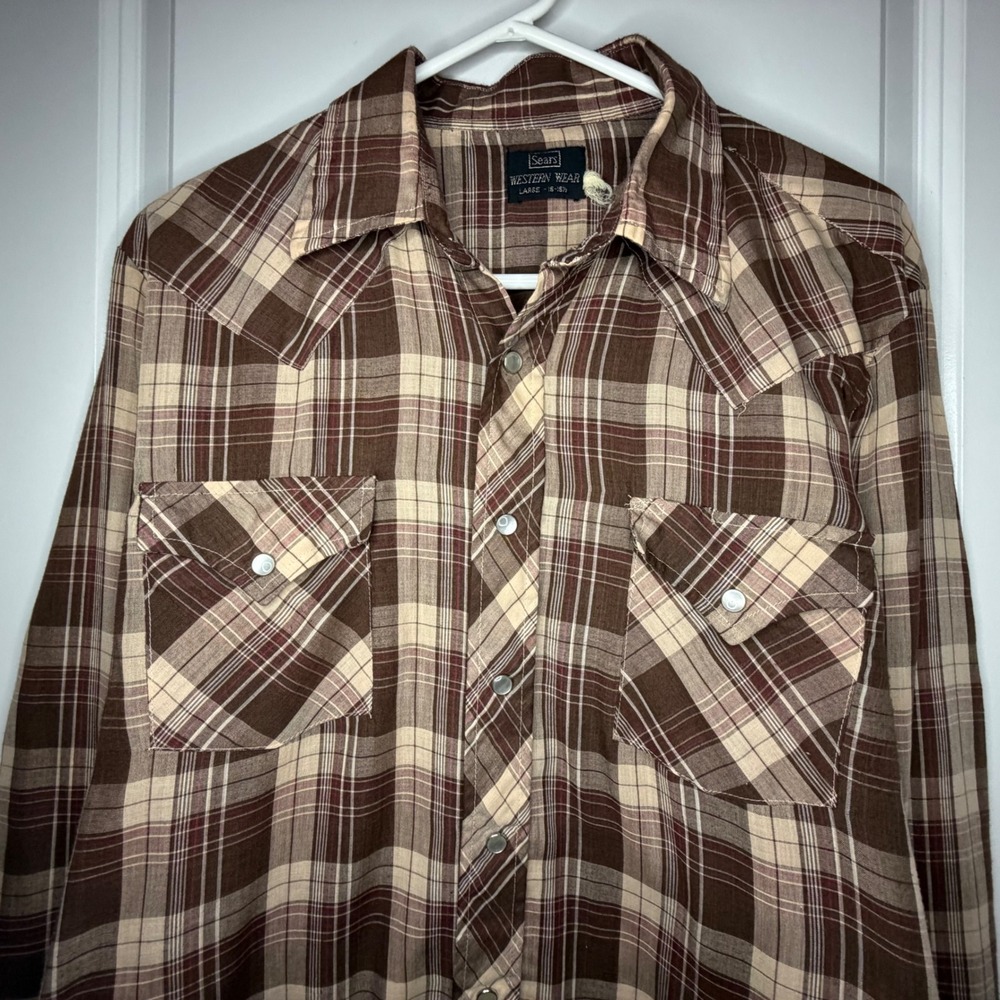 Vintage 60's Sears Western Wear Mens Large Brown Plaid Pearl Snap Western Shirt